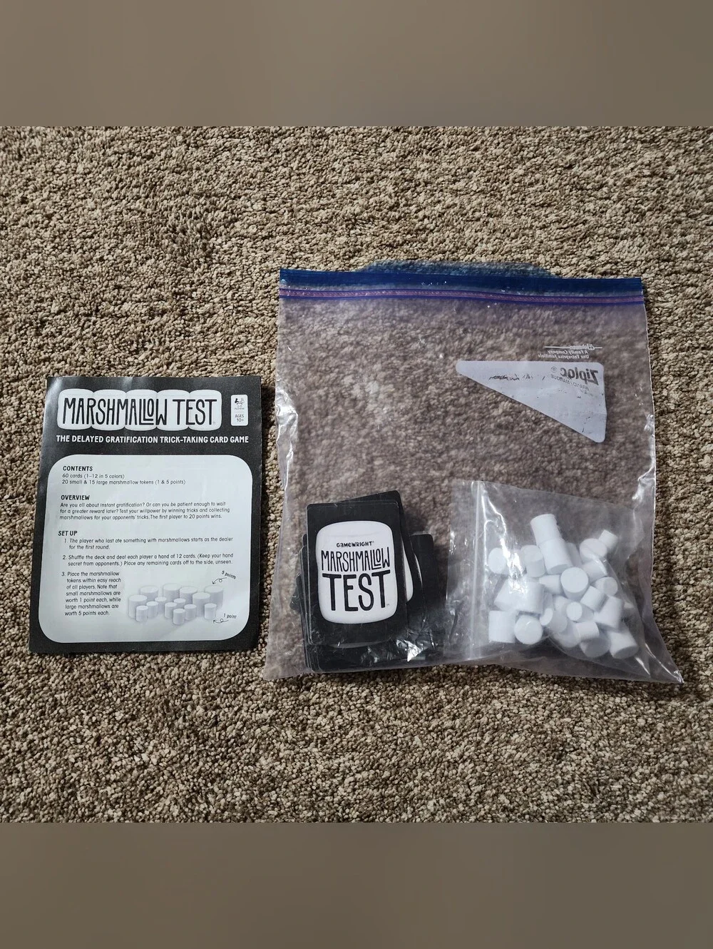 Marshmallow Test Card Game with White Marshmallow Pieces